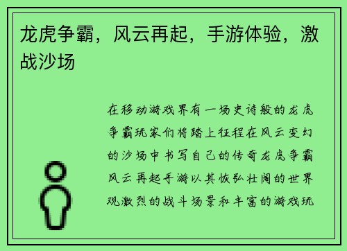 龙虎争霸，风云再起，手游体验，激战沙场